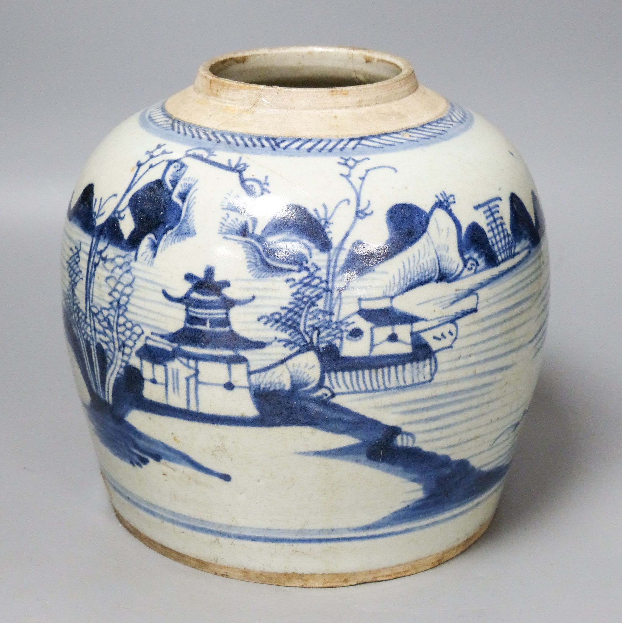 A 19th century Chinese blue and white jar, 20.5 cm high, of squat baluster form, seascape decoration (damage) 20cm